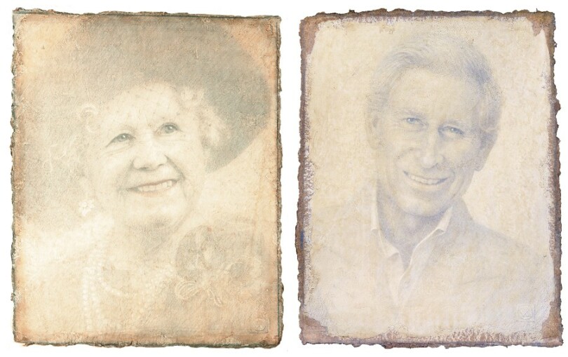 Deux dessins à la pointe d’argent réalisés par l’artiste en 2002 et offerts au prince Charles. Celui représentant la reine mère, envoyé peu après sa mort, touche infiniment l’actuel souverain britannique, ainsi qu’il l’écrit à Victor Koulbak.